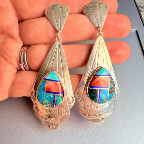 Native American Pete Sanchez Multi Gemstone Inlay Sterling Silver 3" Earrings - Picture 4 of 8